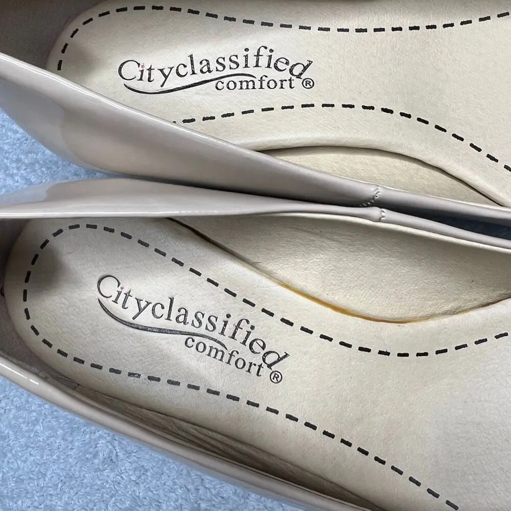 Cityclassified Comfort Low Wedge Slip On Open Toe Shoes Vegan Patent Women’s 8